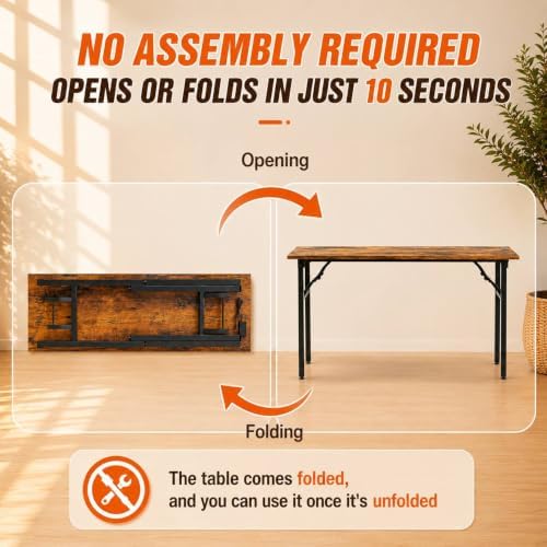 Folding Table Computer Desk - 55.1" No Assembly Folding Desk with Power Outlets & USB Charging Port, Small Desk, Foldable Office Desk, Compact Storage Portable Use for Small Space, Rustic Brown - Image 4