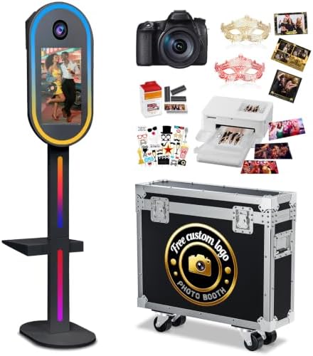 Oval DSLR Photo Booth with Camera and Printer, Portable Selfie Mirror Photo Booth with 15.6 inch Touch Screen RGB Lights for Wedding Party Events Rental Christmas (Black) by Unknown