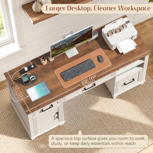 Vabches 55" Farmhouse Executive Desk with Charging Station, Rustic White - Image 7