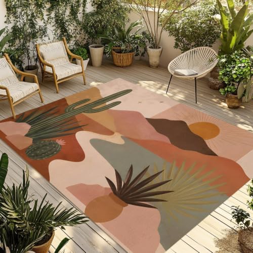 Boho Dessert 5x8 Waterproof Outdoor Rug with Non‑Slip Backing Rustic Southwest Radiant Sunburst Cactus Machine Washable Deck Patio Rug Mat for Camping, RV, Garden, Balcony Pool - Image 3