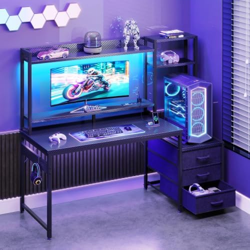 Casaottima 48 Inch Gaming Desk with Shelves & 3 Drawers & LED Light & Hutch - Image 2