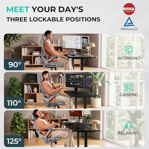 CAPOT Ergonomic Mesh Office Chair, Adjustable Lumbar High Back Desk Chair 400lbs, 4D Flip-up Arms, 3 Tilt Backrest, 3D Headrest, PU Wheels, Swivel Rolling Computer Seating for Long Desk Work - Grey - Image 4