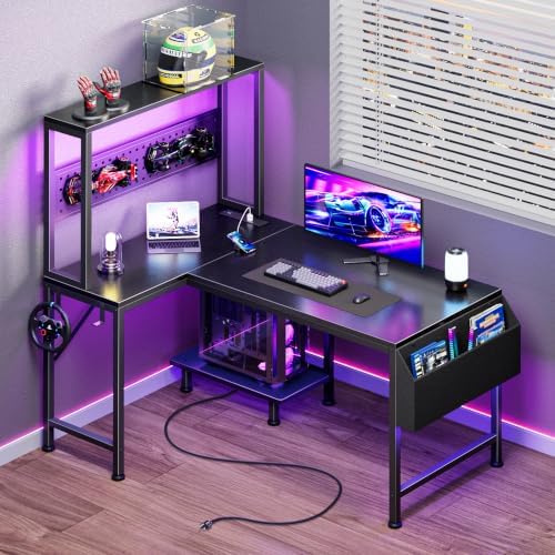 PRAISUN L Shaped Gaming Desk with LED Lights & Power Outlets by PRAISUN