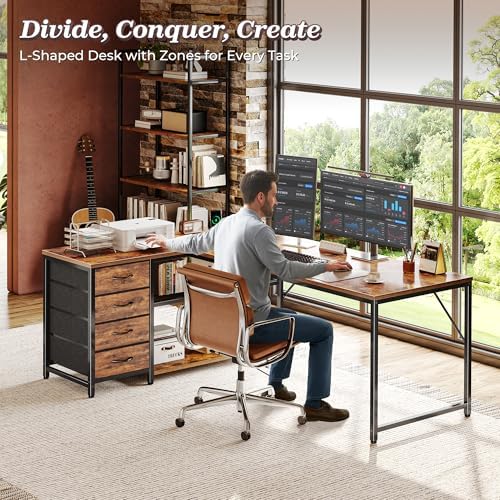 PRAISUN 61" L Shaped Desk with Power Outlets & 4 Drawers - Image 2