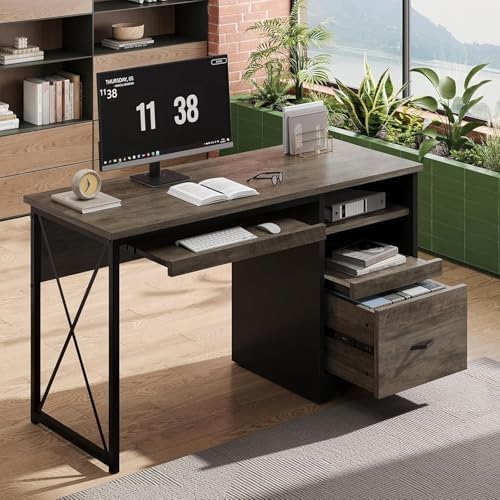 Bestier 47" Office Desk with Drawers, Industrial Computer Desk with Drawer, Reversible Teacher Desk with Storage & Keyboard Tray for Small Space Home Office & Studio, Gray Wash by Bestier