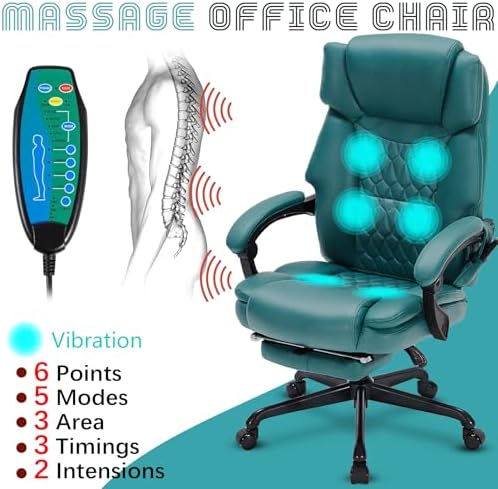 Massage Office Chair with Foot Rest 6 Points Vibration and Heat Home Office Desk Chairs for Heavy People 400lbs Reclining Managerial Chairs Ergonomic Executive Chair (Teal Blue) - Image 3
