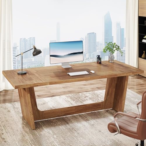 Tribesigns 70.87-Inch Executive Computer Desk: Large Home Office Desk with Solid Wooden Pedestal, Industrial Wood Study Writing Table, Workstation Business Furniture, Walnut - Image 4