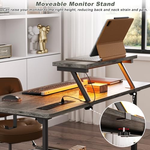 Height Adjustable Standing Desk with Power Outlets and LED Lights - 32" Manual Stand Up Desk with Monitor Stand and Storage Shelves Small Mobile Rolling Computer Desk Portable Laptop Table, Grey Oak - Image 7