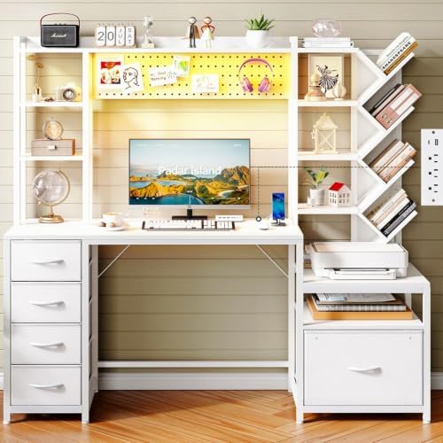 61.4" Computer Desk with Bookshelf, 5 Drawers, Desk with Hutch, Outlet, LED by ELYKEN
