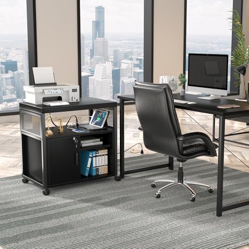 Unikito Lateral File Cabinet, Locking Office Printer Stand with Sockets and USB Charging Ports, Modern Rolling Printer Desk with Storage for A4, Letter Size and File Folders, Black - Image 2