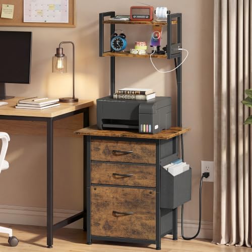 HIGDBFE 3 Drawer File Cabinet with Charging Station, 49''H Tall, 3-Tier Small Filing Cabinet for Home Office, 20''*15'' for Small Printer, Fabric Drawer, Printer Stand, Rustic Brown by HIGDBFE