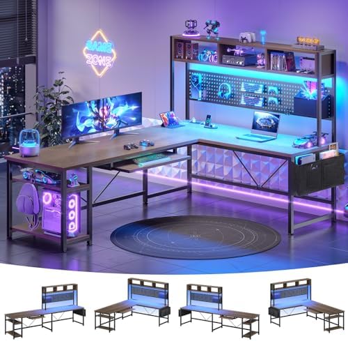 SEDETA L Shaped Gaming Desk with LED Lights and Pegboard for Home Office by SEDETA