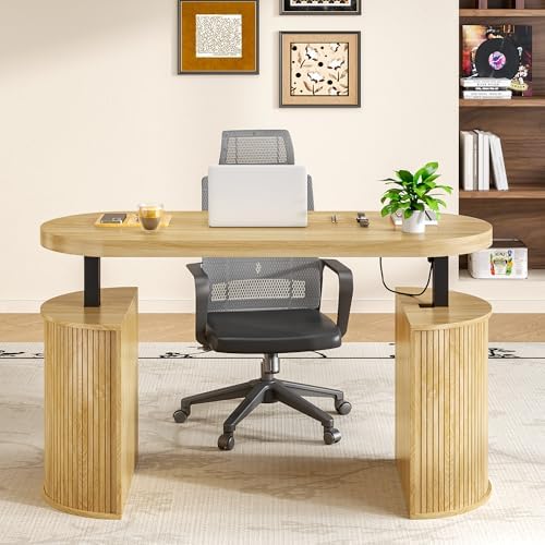 Mid Century Modern Electric Standing Desk with Storage, 55 x 22 Inch Small Sit Stand Up Desk, Wood Adjustable Height Computer Executive Desk for Home Office, Laptop, Oak - Image 5