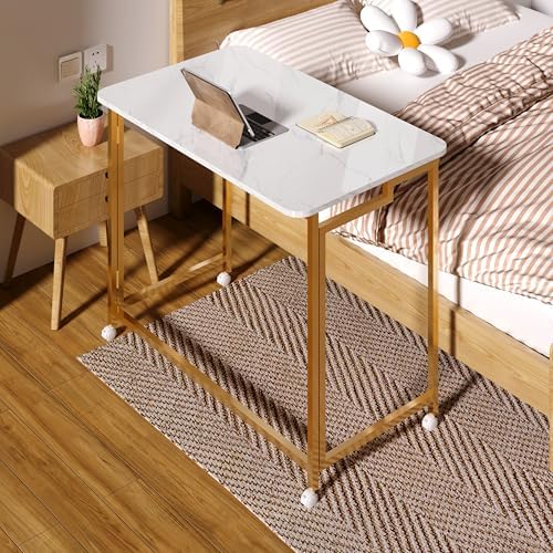 4NM 31.5" Mobile Small Rolling Computer Desk, Folding Laptop Cart Table with Wheels, Portable Office Desk for Small Space Couch Bed - White and Golden - Image 2