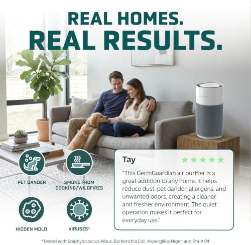 GermGuardian AirSafe+ XL Smart Air Purifier for Bedroom and Home - WiFi and App Enabled - 360-Degree True HEPA Filter - Filters Pet Dander, Dust, Smoke - Air Quality Monitor - AP3250 - Gray & White - Image 2