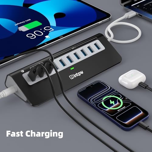 Powered USB Hub 10Gbps, 10 Port USB 3.2 Gen 2 Hub with 7 USB 3.2 Data Ports, 3 Fast Charging Ports, 36W Power Adapter, Type A and Type C Cable, Aluminum USB Hub for Laptop, Mac, PC - Image 4