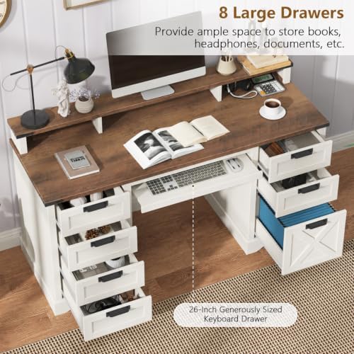 Vabches 60" Farmhouse Executive Desk with 8 Drawers, White and Brown - Image 4