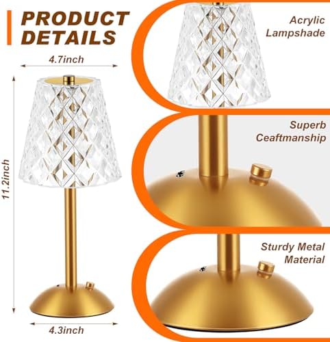 Liliful 4 Pcs Cordless Table Lamp LED Touch, Gold, Diamond Style - Image 2