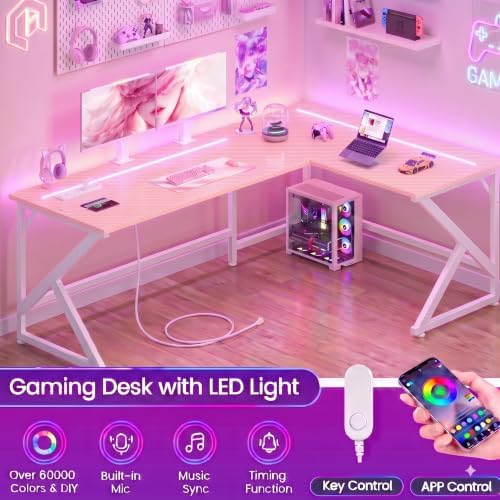 39.4'' L Shaped Gaming Desk with LED Lights & Power Outlets, Pink Desk - Image 4