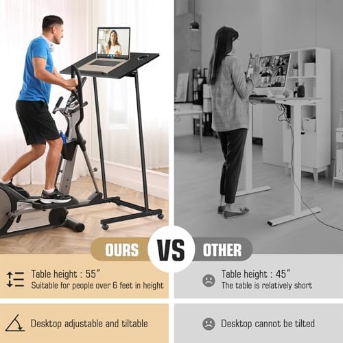 Eocnrhe Treadmill Desk, Mobile Small Standing Desk with Wheels for Walking Pad, Portable Table for Laptop, Rolling Table Adjustable Height, Bedside Table，Black - Image 4