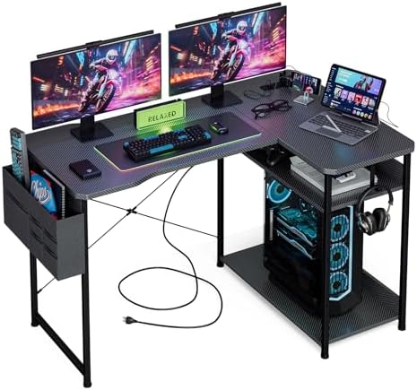Acrolix L Shaped Gaming Desk 48 Inch - Computer Corner Desk with Power Outlets, Reversible Shelves & Storage Bag for Home Office, PC Gaming Table, Black Carbon by Acrolix