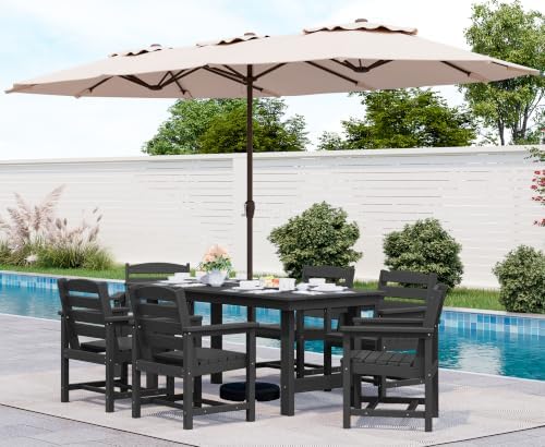 SERWALL HDPE Dining Set with Umbrella, Outdoor Dining Set for 6, Black by SERWALL
