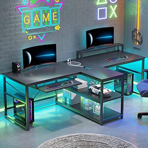SEDETA 94.5" 2 Person Gaming Desk with Storage Shelves, LED Light, Black by SEDETA