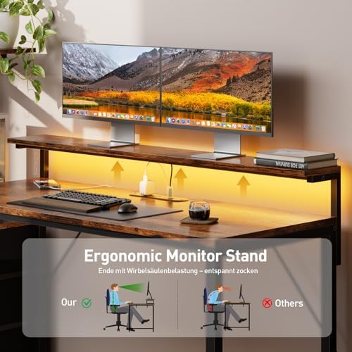 HLDIRECT 60 Inch Gaming Desk with Power Outlets & LED Lights, Rustic Brown - Image 6