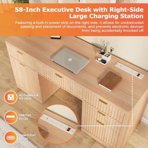 knoworld Fluted Executive Desk with Charging Station, 58" Wood Home Office Desk with 4 Drawers, 1 File Cabinet, 1 Storage Cabinet, Modern Writing Desk for Work, Living Room, Bedroom (Natural) - Image 5
