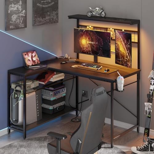 Bestier 42" L Gaming Desk with Power Outlets LED Lights, Carbon Fiber Black - Image 3