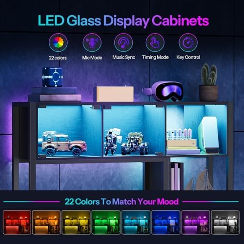 HOOBRO Computer Desk, 47.2" Gaming Desk with Hutch and LED Lights, Home Office Desk with Drawers and Bookshelf, Desk with Monitor Stand and Power Outlet for Bedroom, Black BB24UDDN01 - Image 4