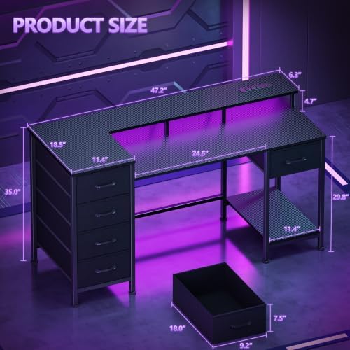 Korfile 47 Inch Computer Gaming Desk with Power Outlets & LED Lights Reversible Home Office Desk with Adjustable 5 Fabric Storage Drawers for Working Writing Study, Carbon Fiber Black - Image 2