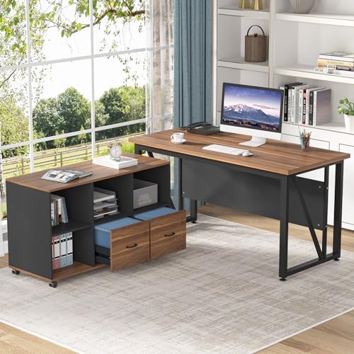 Tribesigns 55-Inch Executive Computer Desk with 43-Inch Lateral File Cabinet, Large Workstation Business Furniture, L Shaped Desk with Drawers and Storage Shelves for Home Office, Walnut by Tribesigns