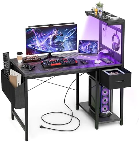 Grandder Gaming Desk 40 Inch with Power Outlet and LED Light, Computer Desk with Reversible Shelves and Storage Drawer, Pc Small Desk for Home Office Table with Bag, Carbon Fiber Black by Grandder