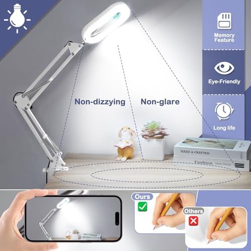 Drdefi 12X Square Magnifying Glass with Light and Stand, Real Glass LED Lighted Magnifier, 5 Color Modes Stepless Dimmable, Hands-Free Mag Desk Lamp with Clamp for Reading Craft Hobby Close Work White - Image 5