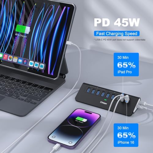 Powered USB Hub 10Gbps,intpw 9-Port USB 3.2 Hub, USB C Hub with 3 USB 3.2, 4 USB 3.0, 2 PD 45W Charging Ports, 3.3FT Cable and 65W Power Adapter, Aluminum USB Hub for Laptop, iPhone 17/16，PC - Image 3