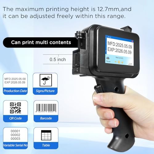 Handheld Inkjet Printer with 42ml Quick-Drying Ink Cartridge, 0.5 Inch Nozzle Ink Jet Coding Machine for EXP Date/Batch Number/QR Code/Barcode/Logo/Text (ZM-C12mini) (Black) - Image 2