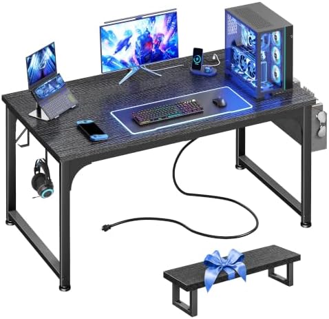 DurayLoly 47 x 24 inch Desk, 24mm Thick Heavy Duty Gaming Desk with RGB LED & Power Outlets, Detachable Stand, Hooks & Storage Bag, 110LBS Capacity, Home Office Computer Desk, Black by Durayloly
