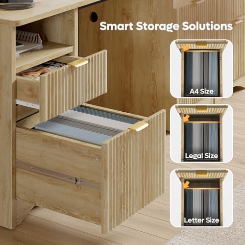 Bestier 59 inch Computer Desk with 2 Drawers, Office Desk with Storage File Cabinet and 2 Open Storage Shelves, Modern Fluted Executive Desk for Home Office Bedroom, Natural Oak - Image 3