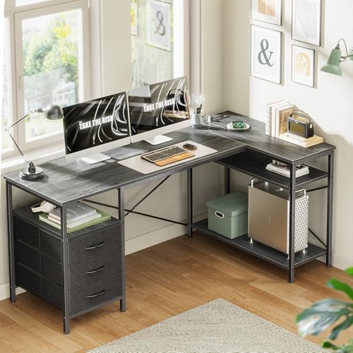 Huuger L Shaped Office Desk with Power Outlets & 3 Drawers - Image 2