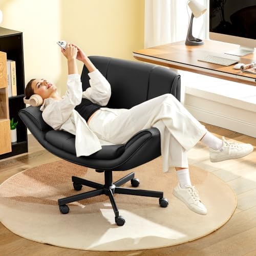 HeroSet Criss Cross Chair with Wheels & Armrests,Comfy Wide Vanity Chair,Scratch-Resistant Pu Leather Cross Legged Desk Chair,Height Adjustable Computer Office Desk Chairs for Home,Makeup,Bedroom - Image 5