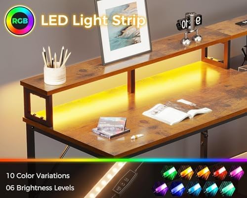 Casaottima 98'' 2 Person Gaming Desk with LED Lights, Vintage - Image 5