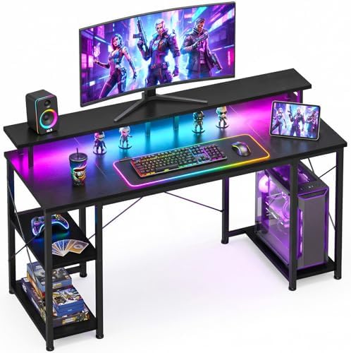 ODK 48 Inch Gaming Desk with LED Lights & Storage Shelves, Black by ODK