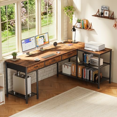 PRAISUN 63 Inch L Shaped Office Desk with Power Outlets and Type-C Port, Large Computer Gaming Desk with 3 Fabric Drawers, Mesh Shelves, Corner Study Work Writing Desk, Rustic Brown - Image 2