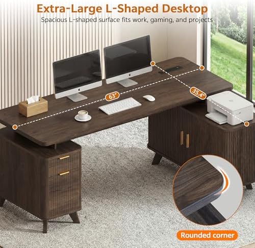 63" Farmhouse L Shaped Executive Desk, Brown - Image 3