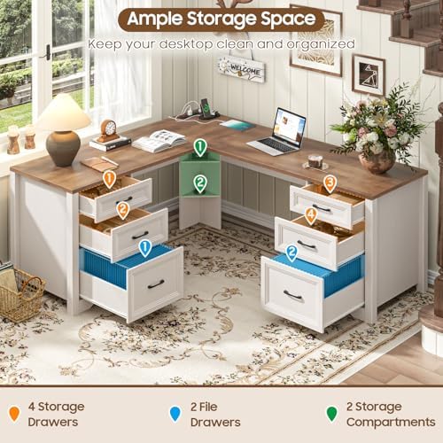 Vabches Wood L Shaped Executive Desk with 6 Drawers, Farmhouse Home Office Desk with Power Outlets and Triangle Under-Desk Storage Shelf & Drawer File Cabinet, Corner Computer Desk, Brown - Image 3
