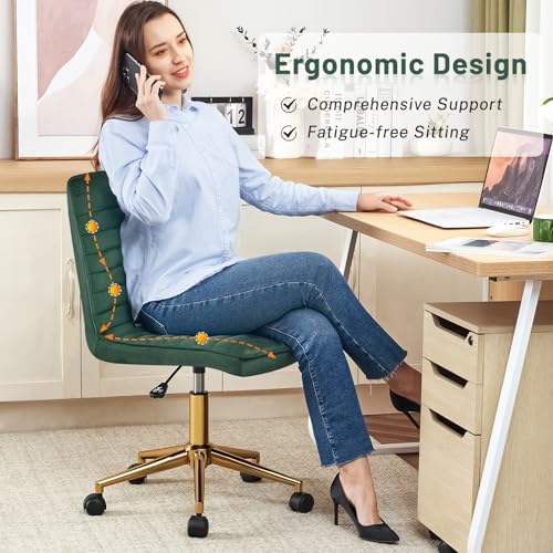 Furniliving Armless Vanity Chair with Wheels, Computer Rolling Desk Chair with Back Soft Velvet Fabic Height Adjustable Gold Metal Base Swivel Stool Chairs,DarkGreen - Image 3