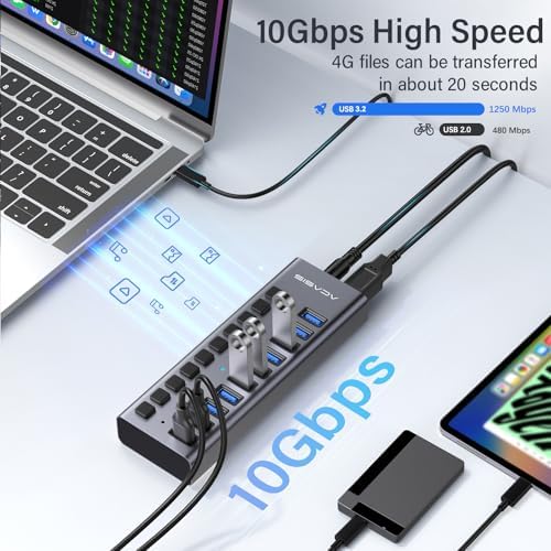 ACASIS Powered 10 Ports USB 3.2 Hub, 10Gbps Data Transfer, 48W Adapter - Image 3