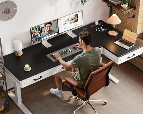 OffiGo 63 Inch L Shaped Standing Desk with 4 Wooden Drawers, White+Black - Image 2