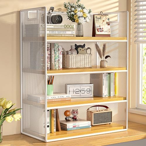 Mesh Metal Dorm Desk Hutch with Handle,Desktop Bookshelf Organizer,Office File Paper Tray Organizer for Home Office,School Supplies(15.7" W x 6.3" D x 19.6" H, White Wood 4 Tier) by Unknown
